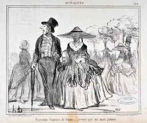 Obra de Honore Daumier (1808-1879) Charivari data de 1855: Serie Actualites "Nouvelles chapéus de dames, inventes par un mari jaloux" MUSEE DES BEAUX ARTS - PALAIS LONGCHAMP, MARSEILLE