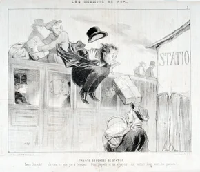 Obra de Honore Daumier (1808-1879). Charivari data de 1843: Serie LES Chemins de fer 30 segundos da estação "-Tiens Joseph! vla tudo o que tenho para lhe enviar... três pacotes e um viajante - Above all care of the packages" MUSEE DES BEAUX ART