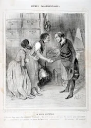 Obra de Honore Daumier (1808-1879). Charivari data de 1843: PARLAMENTÁRIO DA SERIE SCENES. A visita eleitoral. MUSEU DE BELAS ARTES - PALÁCIO LONGCHAMP, MARSEILLE