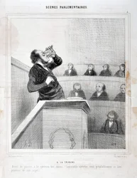 Obra de Honore Daumier (1808-1879). Charivari data de 1843: PARLAMENTÁRIO DA SERIE SCENES. Na galeria - Antes de passar à questão dos açúcares, o membro de honra quer pensar bem no seu tema" MUSEE DES BEAUX ARTS - PALAIS LONGCHAMP, MARS