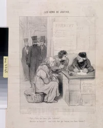 Obra de Honore Daumier (1808-1879). Charivari data de 1845: Serie LES PEANS DE JUSTIÇA. "Você tem que escrever uma carta para que ele seja terno? - A assistir a um oficial de diligências! Você não é francês, meu bom homem?" Dim 37,5x28. Extracto do jornal 