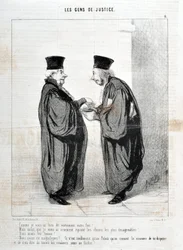 Obra de Honore Daumier (1808-1879). Charivari data de 1845: Serie LES PEOPLES DE JUSTIÇA "- Como eu vos disse, na verdade, o vosso facto! Nós éramos lindos. Nós éramos lindos!... é realmente só no Palácio que conhecemos a maneira de discutir e falar sobre 