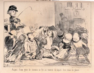 Obra de Honore Daumier (1808-1879). Charivari data de 1852: Serie LES TRAINS DE PLAISURE Aparecimento de uma estação ferroviária no momento da partida de um comboio de recreio MUSEE DES BEAUX ARTS - PALAIS LONGCHAMP, MARSEILLE