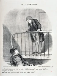 Obra de Honore Daumier (1808-1879). Charivari data de 1853: Serie TUDO O QUE VOCÊ DARÁ "Com licença, vou sentar-me à mesa. Sobre isso! Você jantou? - Não, ainda não. "Bem, bem, eu estarei na mesa antes de você" MUSEE DES BEAUTS ARTS - PALAIS L