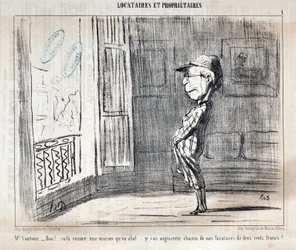Obras de arte de Honore Daumier (1808-1879) Charivari data de 1854: Serie TENNIQUES ET OWNIRES "Sr. Vautour - Bon!... Esta é outra casa a ser abatida... Eu vou aumentar cada um dos meus inquilinos em duzentos francos"! MUSEU DE BELAS ARTES - PALÁCIO LONGCH