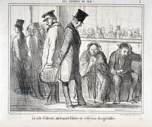 Obra de Honore Daumier (1808-1879). Charivari data de 1855: Serie LES Chemins de fer "A sala de espera ou o quarto de hora de reflexões desagradáveis" MUSEE DES BEAUX ARTS - PALAIS LONGCHAMP, MARSEILLE
