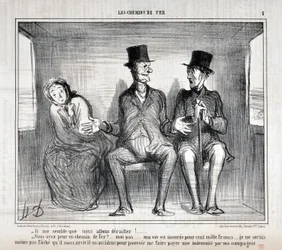 Obra de Honore Daumier (1808-1879). Charivari data de 1857: Serie LES RAILWAYS "Parece-me que vamos descarrilar!... Tens medo no caminho de ferro?... eu não... a minha vida está segurada por cem mil francos... Eu não quero nem me preocupar...