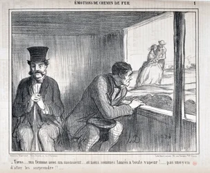 Obra de Honore Daumier (1808-1879) Charivari data de 1858: Serie EMOTIONS PT Chemin de fer -" Tiens... ma femme avec un monsieur... et nous sommes lances a toute vapeur!... no way to go surprise them!!!..." MUSEU DE BELAS ARTES - PALÁCIO LONGCHAMP, MARCHA