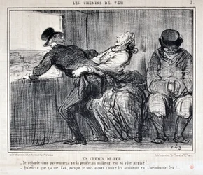 Obra de Honore Daumier (1808-1879). Charivari data de 1858: Serie LES RAILWAYS By Railroad "- Então não pareça assim através da porta, uma desgraça está vindo tão rápido!... "O que isso me importa, já que estou segurado contra acidentes nos caminhos-de-fer