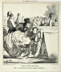 Obras de arte de Honore Daumier (1808-1879) Charivari data de 1859: Serie AU CAMP DE SAINT MAUR Visita às tendas dos turcos. "- Aqui!... eles dormem como homens comuns..." MUSEU DE BELAS ARTES - PALÁCIO LONGCHAMP, MARSEILLE