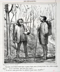 Obra de Honore Daumier (1808-1879). Charivari data de 1864: Serie LES LANDSAGISTS "- Foi-nos dito para virmos a este país e que encontraríamos belas árvores... são boas para fazer fagots!... "Se pudéssemos usá-las para nos aquecer!..." MUSEU DA FIN