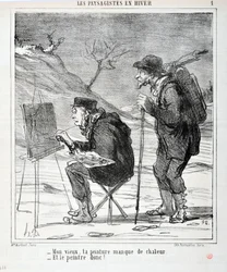 Obra de Honore Daumier (1808-1879). Charivari data de 1864: Serie LES LANDSAGISTS IN WINTER "- Meu velho, o teu quadro não tem calor - E o pintor assim! "MUSEU DE BELAS ARTES - PALÁCIO LONGCHAMP, MARSEILLE