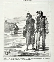 Obra de Honore Daumier (1808-1879). Charivari data de 1864: Serie LES LANDSAGISTS "- Neste que é um corpo engraçado... desenha um retrato de uma árvore que não produz apenas maçãs... ele é louco por!..." MUSEU DE BELAS ARTES - PALÁCIO LONGCHAMP,