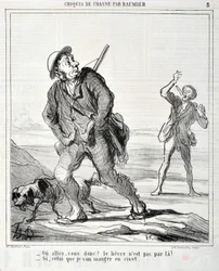 Obras de arte de Honore Daumier (1808-1879) Charivari data de 1864: Serie Sketch de Chasse "Ou va donc? A lebre não é por ali! - Se a que vou comer em civet" MUSEE DES BEAUX ARTS - PALAIS LONGCHAMP, MARSEILLE