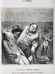 Obra de Honore Daumier (1808-1879). Charivari data de 1864: Esboços da Série Tirados no Teatro Um novo modelo de teatro. "Nada foi negligenciado para a conveniência dos espectadores" MUSEE DES BEAUX ARTS - PALAIS LONGCHAMP, MARSEILLE