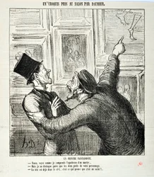 Obra de Honore Daumier (1808-1879). Charivari data de 1865: Esboços da série tirados no Salão Um pintor caprichoso. "Aqui, veja como eu entendo a apoteose de um mártir... "Mas só consigo ver os dois pés da tua pessoa. - A cabeça já está no peso.