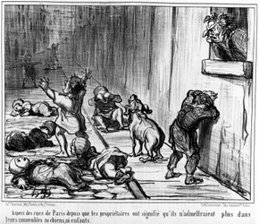 Aspecto das ruas de Paris, uma vez que os proprietários já não admitiam nos seus edifícios nem cães nem crianças, retirados de "Tenants et Proprietaires", uma série de desenhos animados de Honore Daumier (1808-1879). "Charivari".