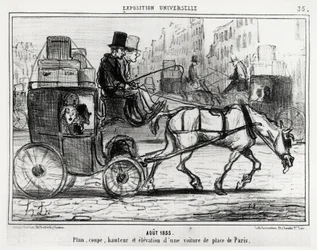 Agosto 1855, exposição universal: plano, corte, altura e elevação de um carro parisiense. Ilustração de Honore Daumier (1808-1879), publicada no noticiário "Charivari", datada de 4 de setembro de 1855.