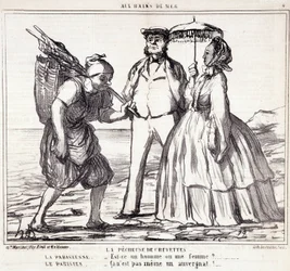 Desenho animado sobre turistas parisienses em férias. Série "Ax Bains de Mer": "A pesca do camarão..." Gravação por Honore DAUMIER (1808-1879). Extracto do jornal "Le Charivari" de 5 de Setembro