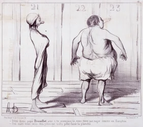 Desenho animado sobre as aparências. A série "Os Pais": Diz ao pai Drouillet..." Gravação por Honore DAUMIER (1808-1879). Extracto do jornal "Le Charivari". Dim 25x36cm. caixa 12 Marselha, Musee des Beaux-Arts, Palais Longchamps, Collection Arts Graphi