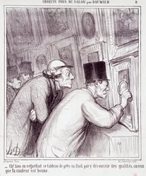 Desenho animado sobre os amantes de arte. Série "Sketch tirado no Salão por Daumier": "Eh! bem olhando para este quadro, acabamos por descobrir qualidade, vemos que a cor é boa". Gravura de Honore DAUMIER (1808-1879). Extracto do jornal "Le Chari