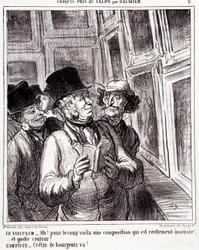 Desenho animado sobre os amantes de arte. Série "Sketch tirado no Salão por Daumier": "Visitante: Oh! pois o golpe aqui é uma composição realmente insensata (...). Artista: Cretino burguês, vai! "Gravação por Honore DAUMIER (1808-1879). Extracto do jornal 