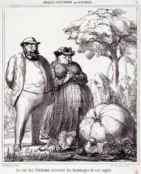Desenho animado sobre jardinagem. Série "Autumn Sketch": "O Rei das Abóboras a receber tributos dos seus súbditos". Gravação por Honore DAUMIER (1808-1879). Extracto do jornal "Le Charivari" de 23 de Setembro