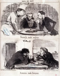Desenho animado sobre abuso gastronómico. Série "Paris qui drinks": nova moda inglesa e antiga moda francesa. Gravação por Honore DAUMIER (1808-1879). Extracto do jornal "Le Charivari" 23 de Junho de 1852 Dim 37x26 cm Inv D 2312 - caixa 24 N¡7. Marselha, M