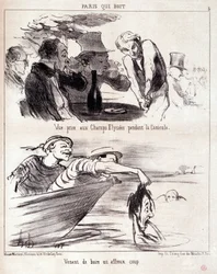 Desenho animado sobre abuso gastronómico. Série "Paris qui boire": "Vista tirada nos Campos Elísios durante a onda de calor. Acabou de beber um golpe terrível." Gravado por Honore DAUMIER (1808-1879). Extracto do jornal "Le Charivari" de 5 de Junho