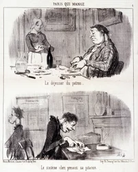 Desenho animado sobre abuso gastronómico. Serie "Paris qui mange": O pequeno-almoço do chefe. O sexto empregado toma a sua pitance. Gravação por Honore DAUMIER (1808-1879). Extracto do jornal "Le Charivari" de 26 de Junho.