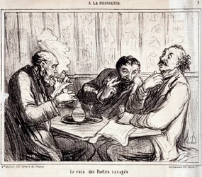Desenho animado sobre escritores de poemas. Série "A la brasserie": "O canto dos poetas devastados". Gravado por Honore DAUMIER (1808-1879). Extrato do jornal "Le Charivari" de 7 de janeiro.