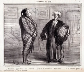 Desenho animado sobre ciência. Serie "On the Comete of 1857": "Mossieu, deixo o teu serviço..." Gravação por Honore DAUMIER (1808-1879). Extracto do jornal "Le Charivari" de 13 de Março