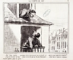 Desenho animado sobre ciência. Serie Sur "The Comete of 1857": "Bem vizinho... porque é que fizeste um choro tão grande..." Gravado por Honore DAUMIER (1808-1879). Extracto do jornal "Le Charivari" de 11 de Março