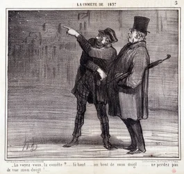 Desenho animado sobre ciência. Série sobre "O Comete de 1857": "Você vê o comitê?..." Um ladrão desvia a atenção da sua vítima. Gravação por Honore DAUMIER (1808-1879). Extracto do jornal "Le Charivari" de 19 de Março.