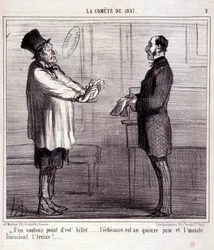 Desenho animado sobre ciência. Série sobre "O Comete de 1857": "Não quero bilhete..." Gravação por Honore DAUMIER (1808-1879). Extracto do jornal "Le Charivari" 4 de Março