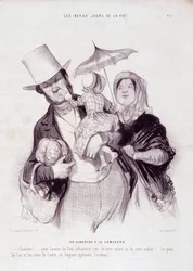 Desenho animado sobre a família. Série "The Beautiful Days of Life": "Um domingo no campo..." Gravado por Honore DAUMIER (1808-1879). Extracto do jornal "Le Charivari" de 21 de Julho