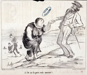 Desenho animado sobre turistas em férias. Serie "Ax Bains de Mer: "A inundação que o levou de volta assustadora! "Gravado por Honore DAUMIER (1808-1879). Extrato do jornal "Le Charivari".