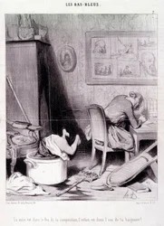 Desenho animado sobre mulheres escritoras. Serie "Bas Bleus": "A mãe está no fogo da composição, a criança está na água do banho! "Gravação por Honore DAUMIER (1808-1879). Extracto do jornal "Le Charivari" de 20 de Fevereiro