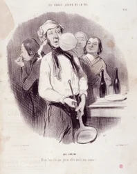 O desenho animado de um homem desajeitado. Serie "Les Beaux Days de la Vie": "Les crepes"... "Gravado por Honore DAUMIER (1808-1879)". Extracto do jornal "Le Charivari" de 14 de Novembro
