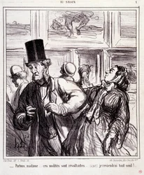 Desenhos animados sobre os amantes da arte: Serie "Au salon": Vamos deixar a senhora... estes nudistas são revoltantes... Voltarei sozinho" Gravação de Honore DAUMIER (1808-1879). Extracto do jornal "Le Charivari" de 5 de Maio
