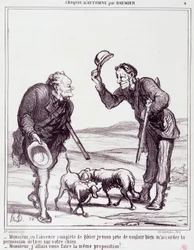 Desenho animado sobre os caçadores: Série "Sketch de Outono": "Senhor, dada a completa ausência de caça, por favor, conceda-me permissão para matar o seu cão..." Gravação por Honore DAUMIER (1808-1879). Extracto do jornal "Le Charivari" de 28 de Setembro