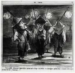 Patrulha chinesa, guerreiros que levaram à letra as instruções que lhes haviam sido dadas para iluminar a marcha do inimigo. Na serie En Chine, ilustração de Honore Daumier (1808-1879), publicada em "Charivari", datada de 25 de janeiro