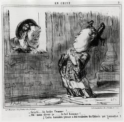 Christi, a bela mulher! ; "Oh! Deus, eu... O homem bonito!" (Esta última frase foi traduzida do chinês por Lassagne.), na série En Chine, ilustração de Honore Daumier (1808-1879), publicada em "Charivari".