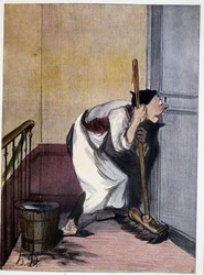 Concierge olhando através de um buraco de fechadura - desenho de Daumier, n.d. 19.