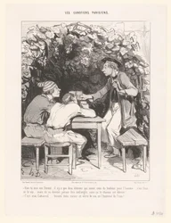 Três homens brindando com um copo de vinho Vois tu, mon ami Durant (...) (título no objeto) capitães parisienses (título da série) Les canotiers parisiens (título da série no objeto)