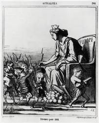 Europa: estrangeiro para 1868. A Europa distribui armas e canhões a cada representante dos países, reconhecíveis pelo seu chapéu. Illustration d