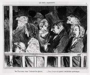 Bons parisienses: parisienses à espera de diversão, duas horas de fila diante de uma espécie de teatro. Ilustração de Honoré Daumier (1808-1879), publicada no «Le Charivari», datada de 5 de março