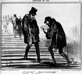 Fui recebido!!!... Vá lá, eles sabem!... - Recusem... idiotas! , retirado de "Pinturas e Salões", série de desenhos animados de Honore Daumier (1808-1879). "Charivari"...