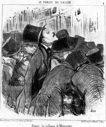 Em frente aos quadros de Meissonnier, retirados de "Pinturas e Salões", série de desenhos animados de Honore Daumier (1808-1879). "Charivari".