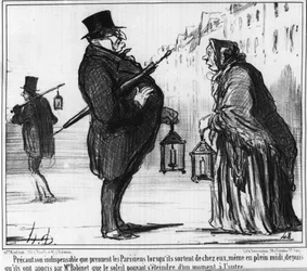 Precaução indispensável que os parisienses tomam quando saem de casa, mesmo em pleno meio-dia, já que lhes foi ensinado por Monsieur Babinet que o sol podia desvanecer-se de um momento para o outro, desenho animado por Honore Daumier (1808-1879). "Charivar